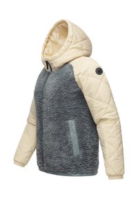 Hoody-jack met een grijze fleece romp, crèmekleurige gewatteerde mouwen en een zijzak met ritssluiting. Inclusief een logo op de schouder.