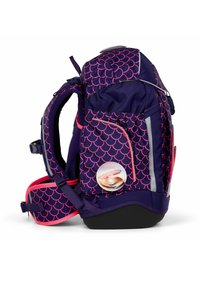 Purple backpack with pink scallop pattern, multiple pockets, reflective accents, side shell design, and padded shoulder straps.