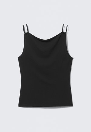 Haut sans manches noir en tissu doux et fluide. Présente des bretelles fines et un décolleté arrondi, conçu pour une silhouette ajustée.