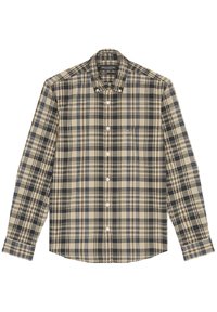 Long-sleeve button-up shirt in beige, black, and blue plaid pattern. Features a classic collar and single chest pocket. Soft fabric texture.