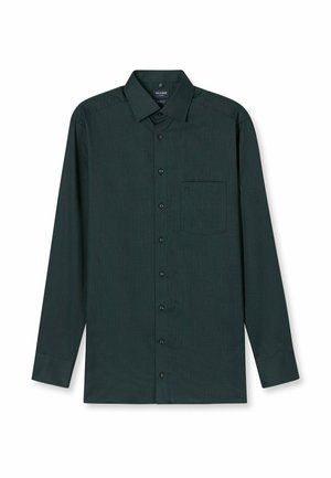 Dark green long-sleeve button-up shirt with a textured pattern, a spread collar, and a single pocket on the left chest.