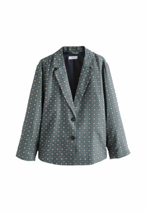 Groene gestippelde blazer met een zachte textuur, voorzien van een reverskraag, knoopsluiting en bloemmotieven in crème en roze.
