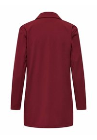 Manteau bordeaux à manches longues avec col à revers, texture lisse et coupe droite, sans fermetures visibles à l'arrière.