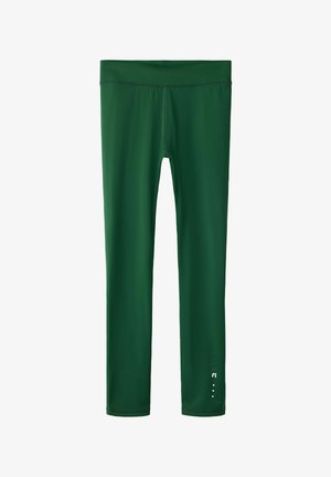Leggings de sport vert foncé longueur totale avec une large ceinture et un petit logo réfléchissant blanc près de l'ourlet du bas.