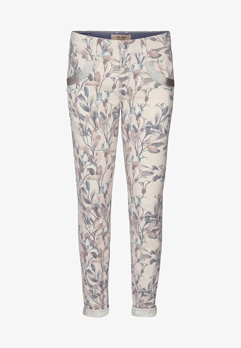 Pantalones con estampado floral en tonos de rosa y verde sobre un fondo claro. Presentan bolsillos frontales y puños enrollados. Material suave, en mezcla de algodón.