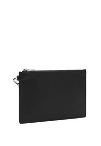 Portafoglio in pelle nera con texture liscia e chiusura con zip, dotato di una cerniera e di un fermo metallici per una conservazione sicura.