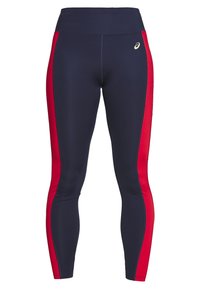 Leggings blu navy con strisce rosse sui lati, realizzati in tessuto elastico, con un alto punto vita e un piccolo logo sull'anca.