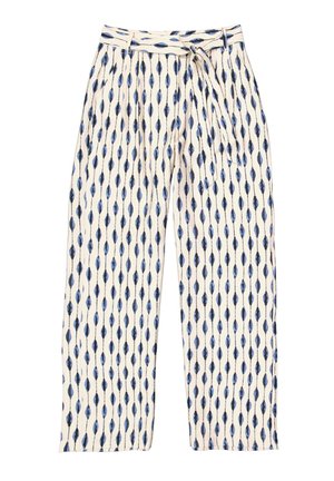 Pantalones de pierna ancha hechos de una tela ligera, con un fondo crema y patrones en forma de lágrima azul, y un cinturón de lazo.