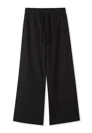 Pantaloni neri a gamba larga con vita elastica e coulisse, dotati di tasche laterali e tessuto dalla texture liscia.