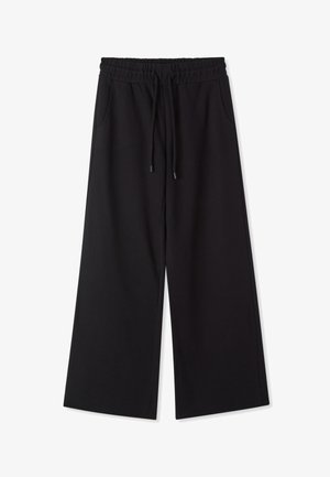 Pantaloni neri a gamba larga con vita elastica e coulisse, dotati di tasche laterali e tessuto dalla texture liscia.