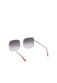Ochelari de soare pătrați cu lentile gri gradient, ramă subțire din metal roz aurit și brațe de culoare maro deschis, cu vârfuri subtil curbate.