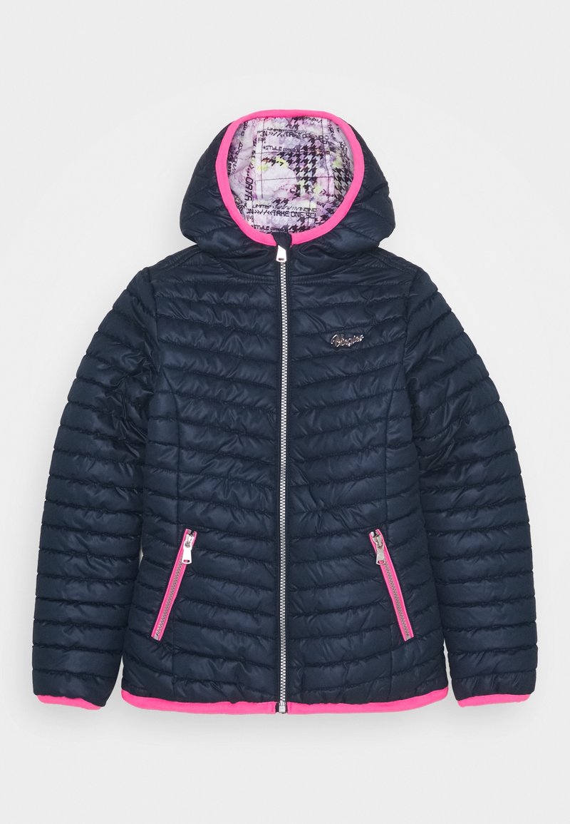 Námořnická zateplená bundička s prošívaným designem a růžově podšitou kapucí a lemy, která má přední zip a dvě zipové boční kapsy. Interiér má vzorovanou podšívku.