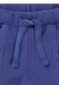 Lila Jogginghose mit geripptem Bund und einer gewebten Kordel, mit sichtbaren Nahtdetails am Stoff.