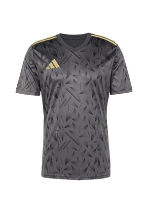 Kurzärmeliges dunkelgraues Sporttrikot mit schwarzen geometrischen Mustern, goldenem Adidas-Logo auf der Brust und goldenen Streifen auf den Schultern.