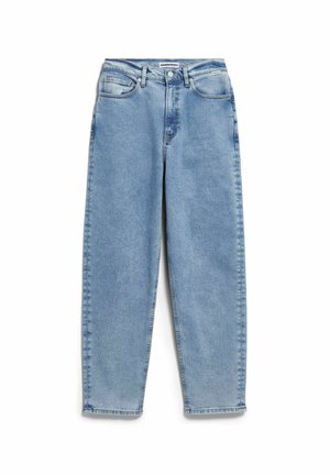 Hellblaue Jeans aus Denim mit lockerem Schnitt, geradem Bein, fünf Taschen und Knopfleiste. Leichtes Verblassen vorne und am Saum.