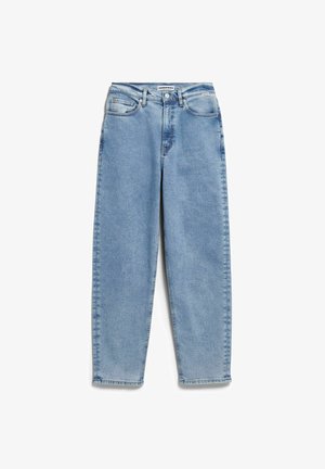 Hellblaue Jeans aus Denim mit lockerem Schnitt, geradem Bein, fünf Taschen und Knopfleiste. Leichtes Verblassen vorne und am Saum.