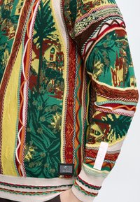 Pull coloré en tricot avec des motifs verts, jaunes, rouges et marron présentant des palmiers, des maisons et des rayures texturées sur le bras et le torse d'une personne.