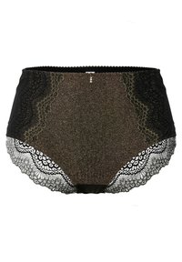 Hoge taille zwarte onderbroek met een glinsterende afwerking, voorzien van zwarte kant langs de taille en benen, en een kleine decoratieve charme.