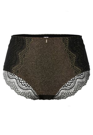 Hochgeschnittene schwarze Unterwäsche mit glitzerndem Finish, verziert mit schwarzem Spitzenbesatz entlang des Bundes und der Beine sowie einem kleinen dekorativen Charm.