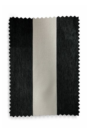 Stoffmuster mit vertikalen Streifen in Schwarz, Grau und Schwarz, mit Zickzack-geschnittenen Rändern an allen Seiten.
