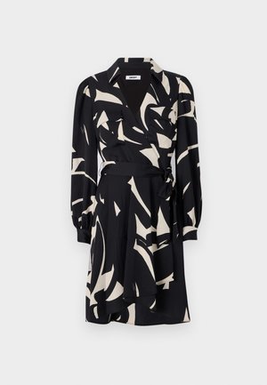 Black wrap dress featuring a contrasting cream abstract pattern, long sleeves, button front, two chest pockets, and a self-tie belt.