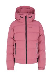 Giacca a vento rosa con cappuccio, dotata di chiusura frontale con zip, due tasche laterali, dettagli neri e texture trapuntata.