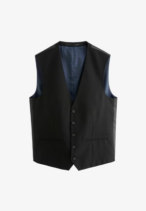 Schwarze Weste mit strukturierter Außenseite, fünf Knopfverschluss, zwei Vorderaschen und einer kontrastierenden blauen gemusterten Innenauskleidung.