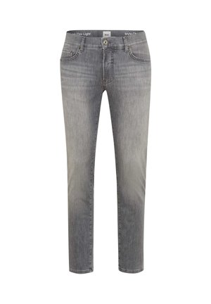 Schmal geschnittene graue Jeans mit vorderen Taschen, Gürtelschlaufen, Knopfverschluss und dezenter Verwaschung an Oberschenkeln und Knien.