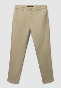 Beżowe bawełniane chinosy o prostym kroju, z dwiema przednimi kieszeniami i zamkiem błyskawicznym. Gładka tekstura; minimalne wykończenie szwów.