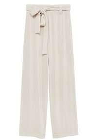 Pantalons beige à jambe large avec une surface texturée, dotés d'une ceinture nouée à la taille et de subtiles rayures verticales pour plus de dimension.