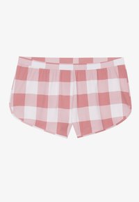 Shorts în carouri roz și albe, cu talie elastică și margine rotunjită, fabricate dintr-un material moale și ușor.