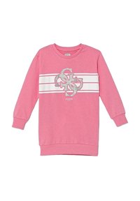 Felpa rosa con maniche lunghe, scollatura rotonda, con un logo in glitter argento e tre strisce orizzontali bianche sul petto.