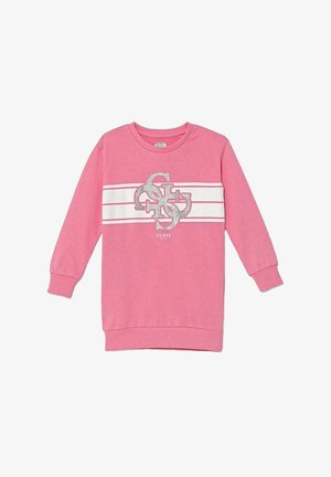 Felpa rosa con maniche lunghe, scollatura rotonda, con un logo in glitter argento e tre strisce orizzontali bianche sul petto.