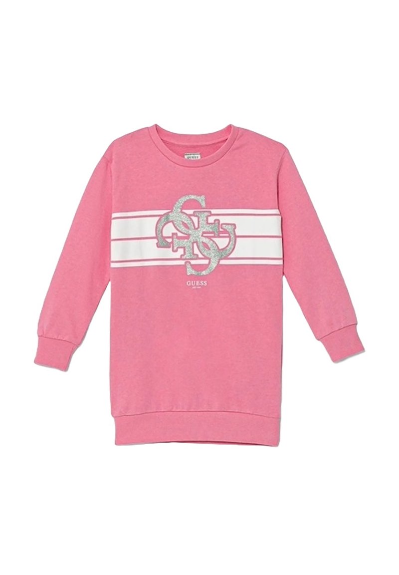 Felpa rosa con maniche lunghe, scollatura rotonda, con un logo in glitter argento e tre strisce orizzontali bianche sul petto.