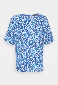 Blouse à manches courtes avec motif léopard bleu et blanc et encolure ronde avec une petite ouverture en goutte au dos.