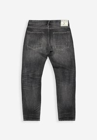 Donkergrijze spijkerbroek van denim, met een slim fit, vijf-pocket ontwerp, subtiele vervaging en een label op de tailleband.