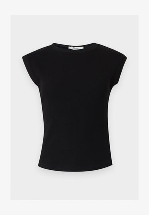 Mustast ribaga ja ämbriteta top ümmarguse kaelusega ning polsterdatud õlakattega, tootja Topshop.