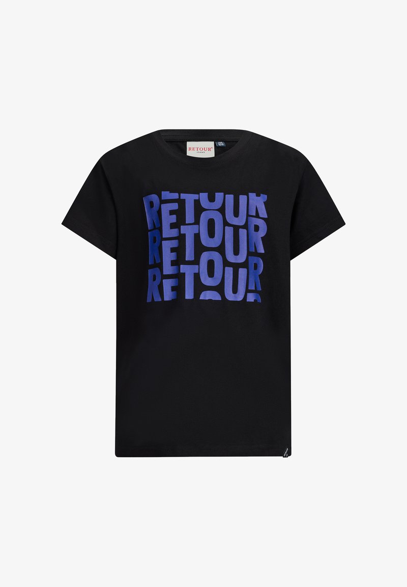 Zwart katoenen T-shirt met een grote, opvallende blauwe grafische print van het woord "RETour" in verschillende groottes op de voorkant.