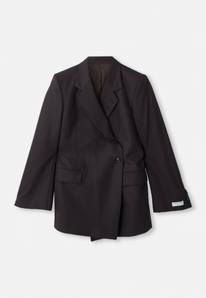 Black, double-breasted blazer made from a smooth fabric. Features notched lapels, two front pockets, and button detailing on sleeves.