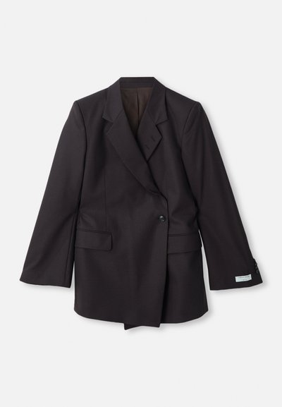 Black, double-breasted blazer made from a smooth fabric. Features notched lapels, two front pockets, and button detailing on sleeves.