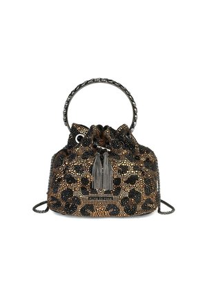 Bolso de estampado de leopardo hecho de cuentas con una paleta de colores negro y dorado. Presenta un asa redonda y dos borlas en la apertura.