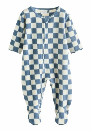 Combinaison en polaire à carreaux bleus et blancs pour bébé, avec un col rond, des manches courtes et un design pieds. Elle est dotée d'une fermeture éclair à l'avant.