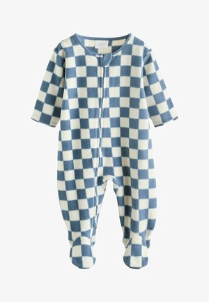 Mameluco de bebé de forro polar a cuadros azul y blanco con cuello redondo, mangas cortas y diseño con pies. Presenta un cierre frontal con cremallera.
