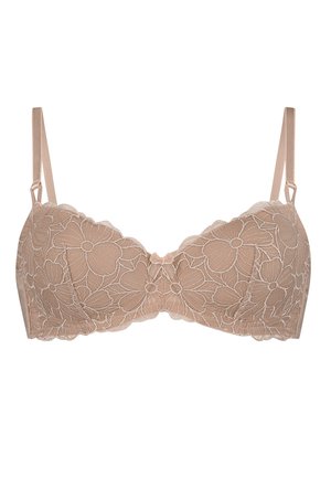 Spitzen-BH in Nude mit floralen Mustern und gewellten Rändern. Verfügt über verstellbare Träger und ein kleines Schleifendetail in der Mitte.