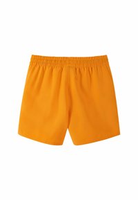 Pomarańczowe kąpielówki wykonane z lekkiego materiału, z elastycznym pasem, prostym krojem i gładką teksturą, bez kieszeni.