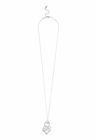 Zilveren halsketting met onderling verbonden cirkelvormige schakels, een fijne ketting en een verstelbare sluiting. Gladde textuur en een minimalistisch design.