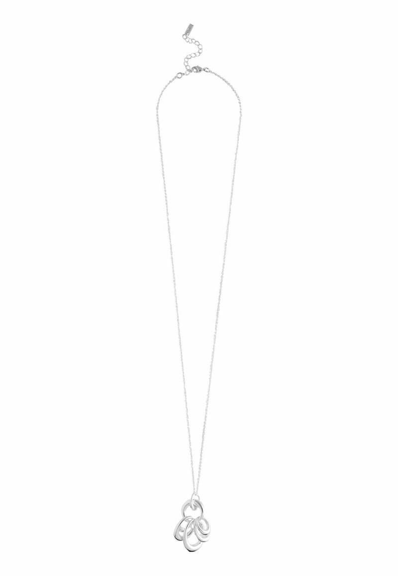 Zilveren halsketting met onderling verbonden cirkelvormige schakels, een fijne ketting en een verstelbare sluiting. Gladde textuur en een minimalistisch design.