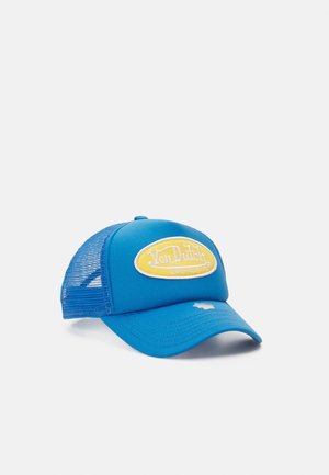 Blue mesh baseball cap with curved brim featuring a yellow "Von Dutch Originals" patch on the front panel.