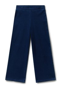 Námořnické modré kalhoty s širokými nohavicemi a vysokým pasem, vyrobené z měkkého, sametového materiálu, vystavené na bílem pozadí.