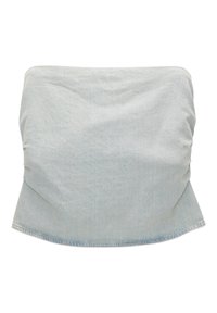 Top senza spalline in denim azzurro chiaro, con texture arricciata, orlo leggermente svasato e tessuto liscio. Nessun hardware o motivo visibile.
